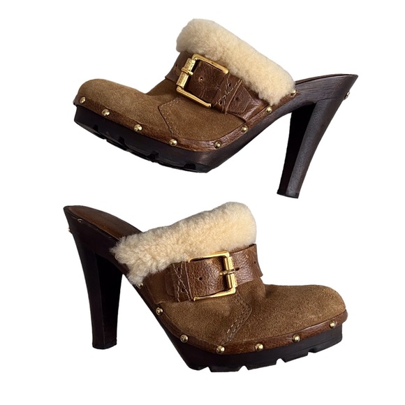 Michael Kors Brown Suede Platform Clog Heels Shearling Lined Y2K 90s Women’s 7.5 - Picture 1 of 12